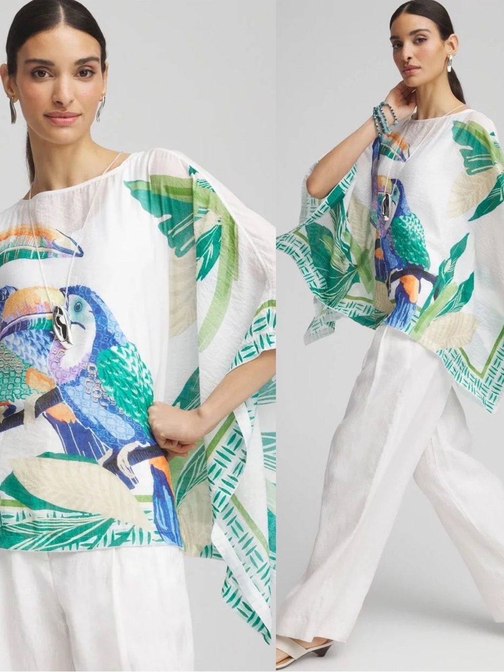 Chicos Womens Alabaster White Colorful Toucan Nana Island Motif Poncho Size S/M - Picture 11 of 11
